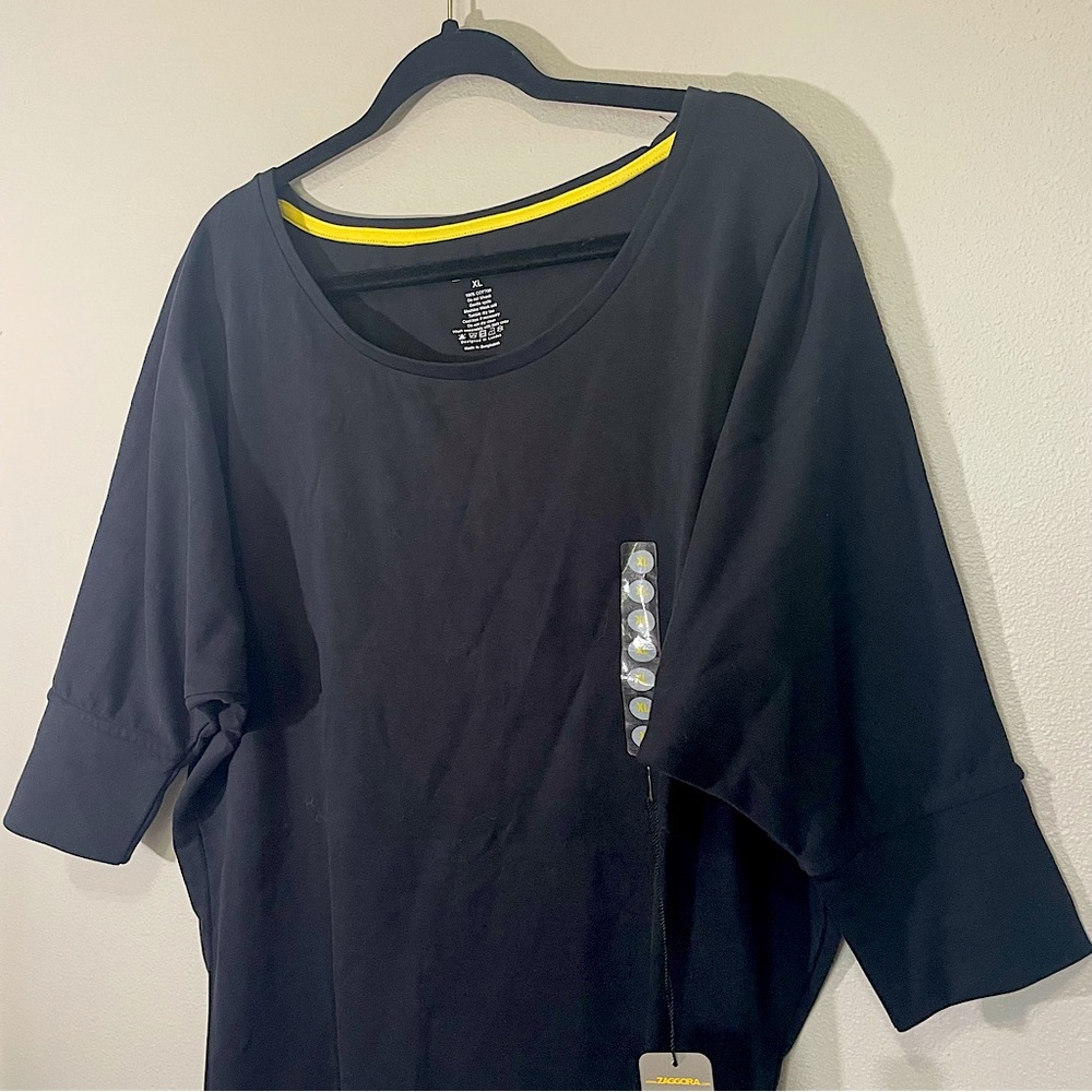 Zaggora Womens Black Slouchy Dolman Top 3/4 Sleeve %100 Cotton XL Yoga Workout